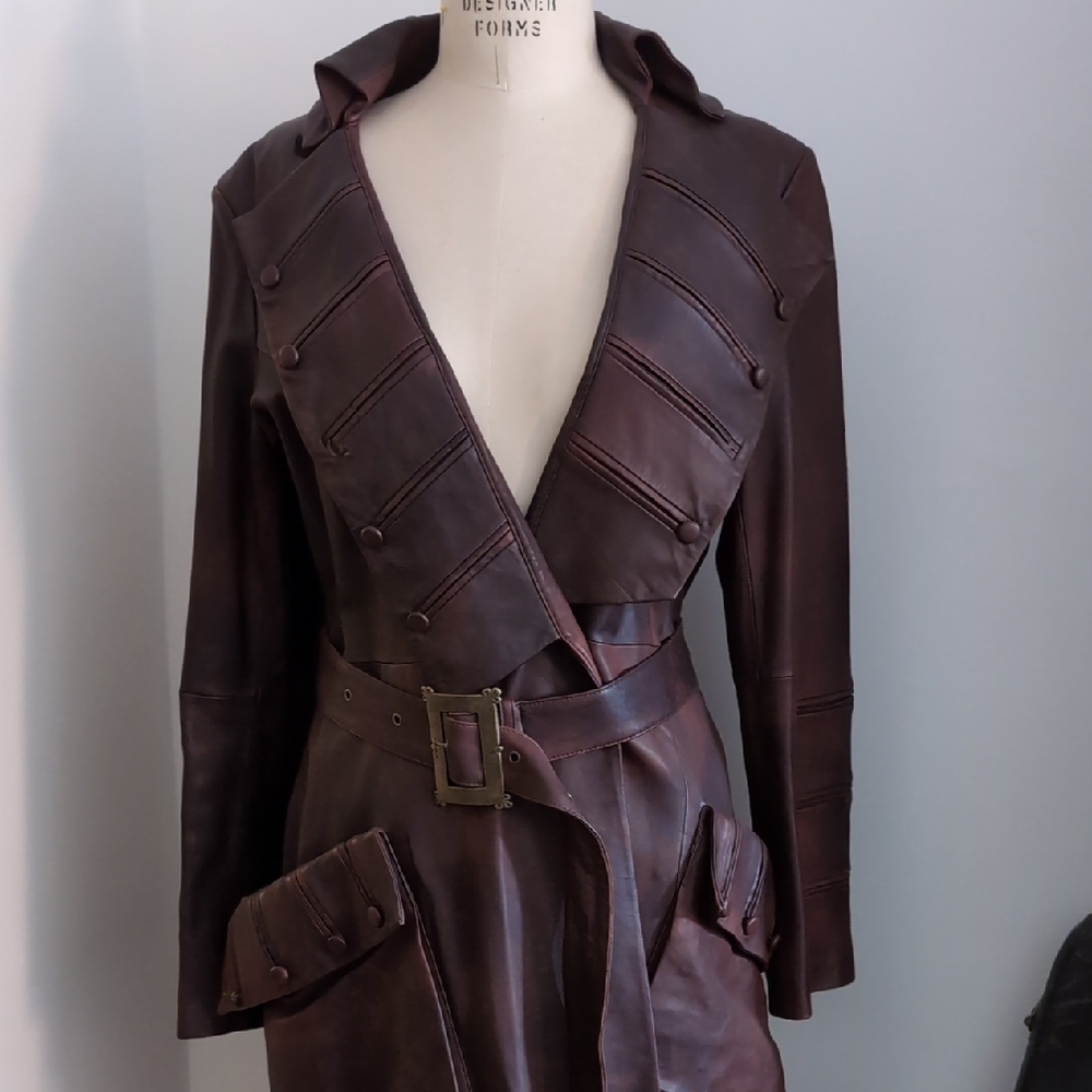 Rare L.A.M.B. Brown Leather Trech W/Removable Peplum